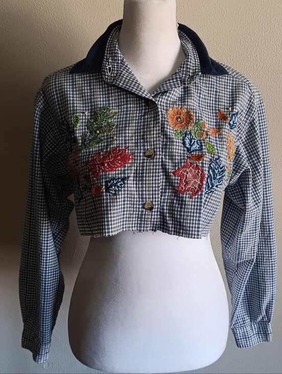 Vintage Tops - 90s Fall Embroidered Leaf Blue Gingham Cropped Button-Up Cut-off Sz. Small